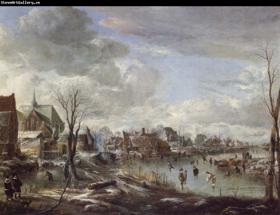 Aert van der Neer A Frozen River Near a Village,with Golfers and Skaters